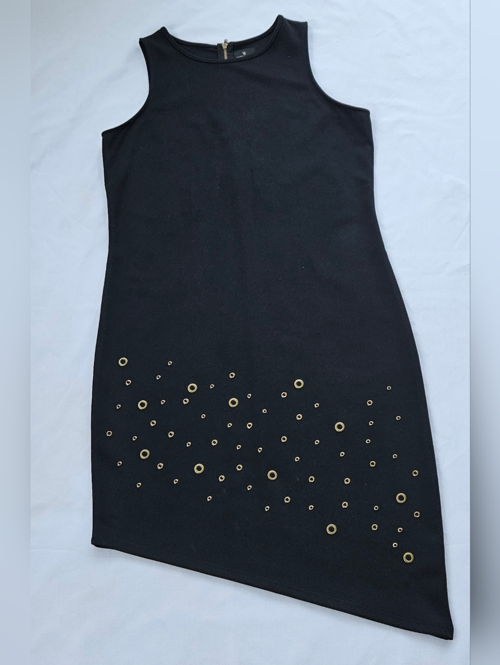 Worthington Black Sheath Dress Asymmetrical Hem Gold Detail Size S - Picture 1 of 7